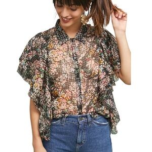 NWT RARE Love Sam Anthropologie Reflective Floral Metallic Ruffle Chiffon Top  L